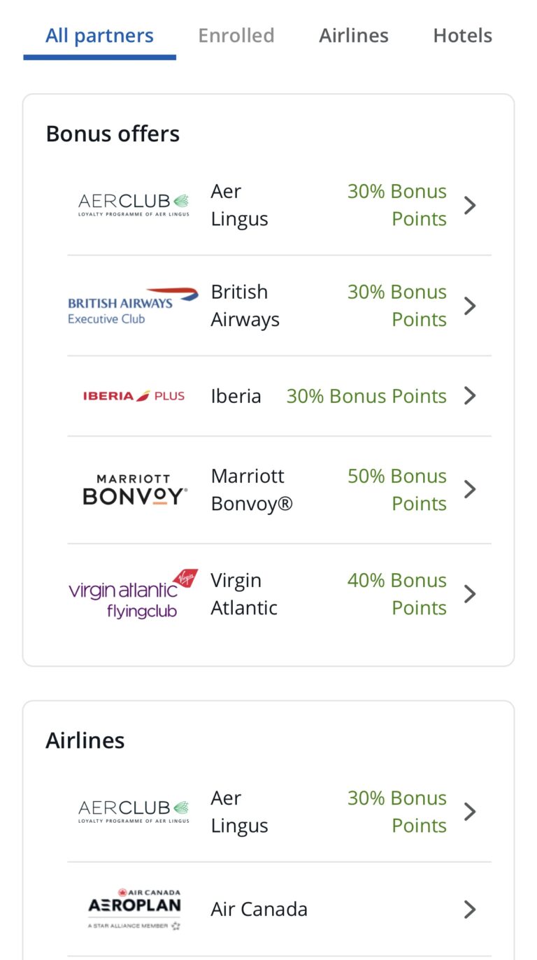 Portal de Chase mostrando bonos por transferencia de puntos a aerolíneas como Aer Lingus, British Airways, Iberia, Marriott Bonvoy y Virgin Atlantic