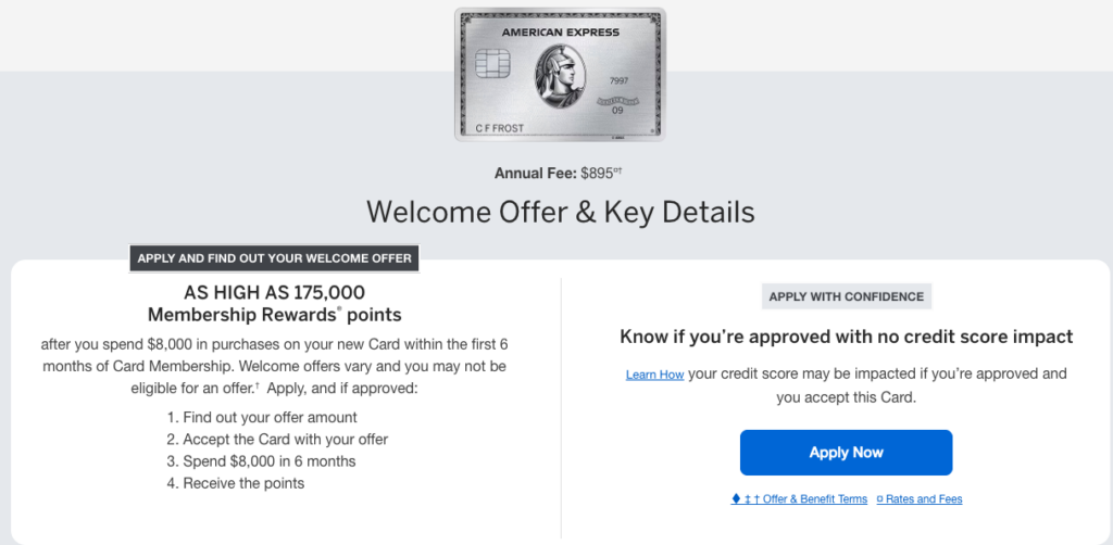 Ejemplo de oferta de bienvenida de una tarjeta American Express mostrando un gasto mínimo de $8,000 en 6 meses para ganar puntos