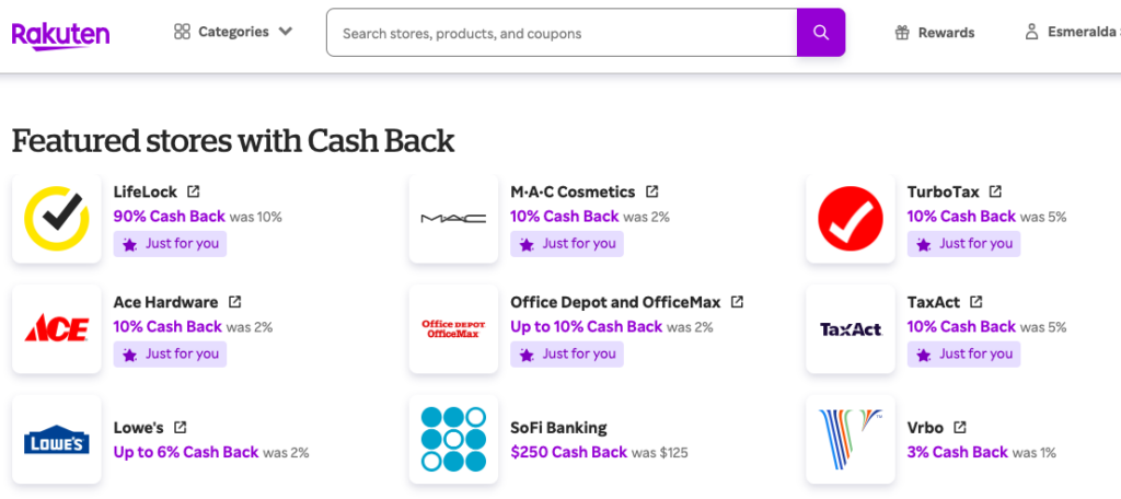 Ejemplo de ofertas en Rakuten mostrando porcentajes de cashback en tiendas populares