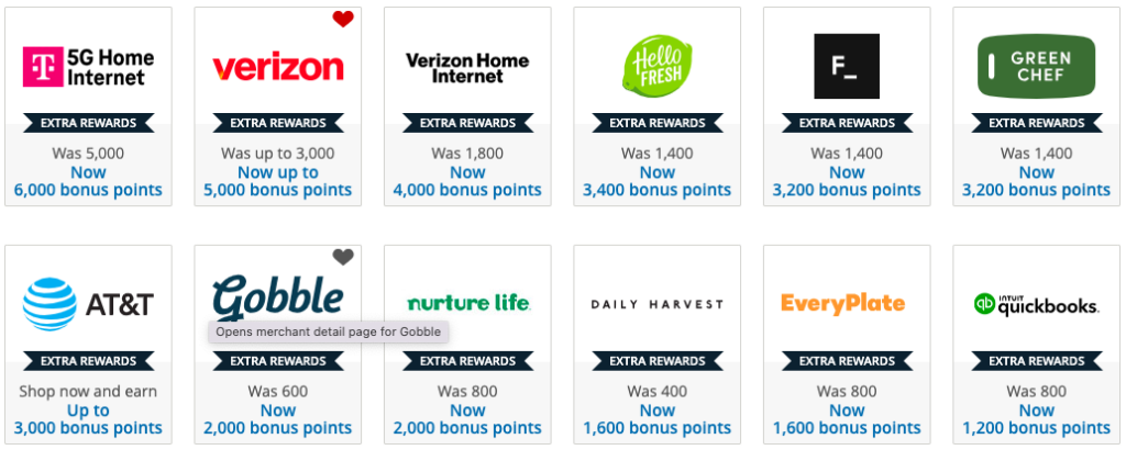 Ejemplo del portal de compras de Chase mostrando tiendas con bonos de puntos