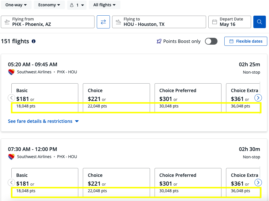 Ejemplo del portal de Chase mostrando el precio en puntos para un vuelo de Phoenix a Houston