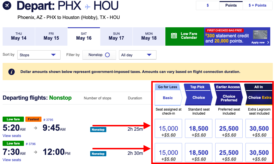 Ejemplo de reserva directa con Southwest Airlines mostrando el costo en puntos y impuestos