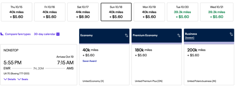 Búsqueda de vuelo con puntos en United Airlines de Nueva York a Ámsterdam por 40,000 millas más $5.60 en impuestos