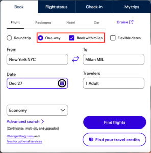 Búsqueda de vuelo con puntos activando opción “Book with miles” y vuelo one-way