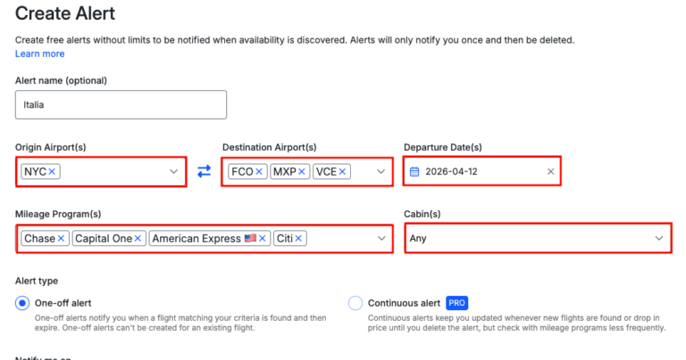 Configuración de alerta de vuelos con puntos en Seats.aero buscando disponibilidad desde NYC hacia Italia en múltiples aeropuertos y programas
