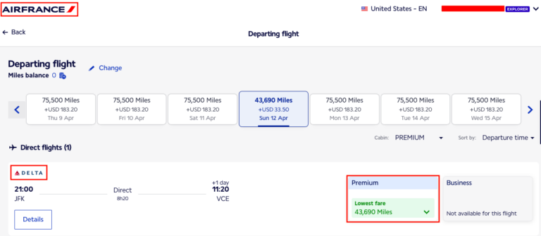 Búsqueda de vuelo premio en Air France mostrando disponibilidad en Premium Economy usando millas Flying Blue.