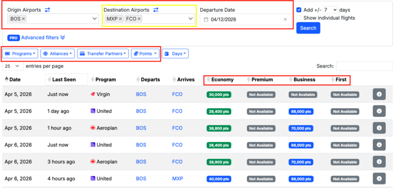 Búsqueda de vuelos con puntos en Seats.aero mostrando disponibilidad award entre Boston y Roma por programa y clase de cabina