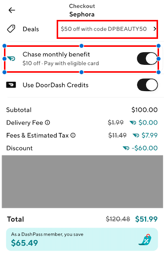 Ejemplo de promoción de DoorDash combinada con crédito mensual de Chase Sapphire Preferred