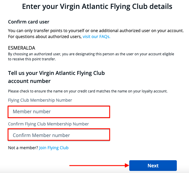 Formulario para ingresar número Flying Club al transferir puntos.