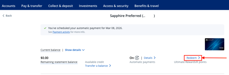 Pantalla de tarjeta Chase Sapphire mostrando botón Redeem para usar puntos.