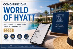 Diseño promocional de World of Hyatt 2026 con alberca de hotel Hyatt, teléfono mostrando puntos Hyatt y texto sobre cómo usar puntos, beneficios y estatus elite.
