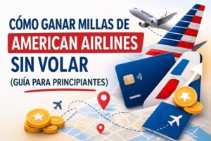 Ilustración que explica cómo ganar millas de American Airlines sin volar usando compras, promociones y otras estrategias.