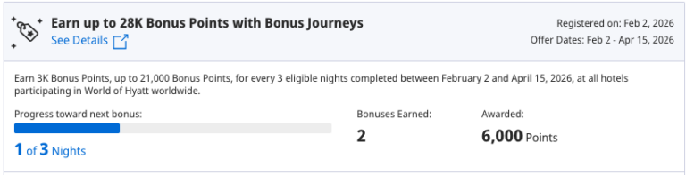 Captura de la promoción Bonus Journeys de Hyatt mostrando puntos extra ganados durante una estancia con puntos