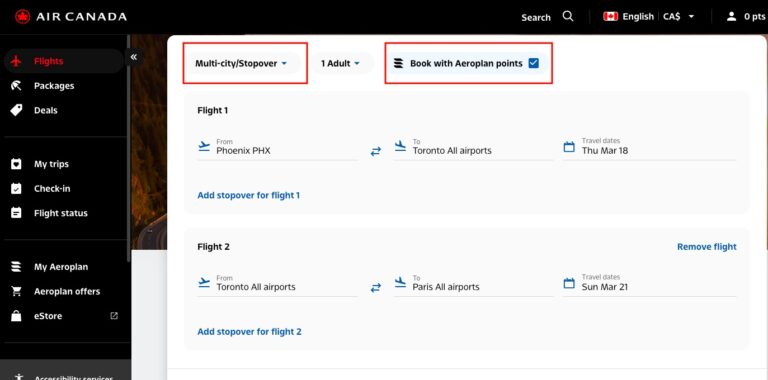 Ejemplo de stopover con Aeroplan de Phoenix a Toronto y París usando puntos