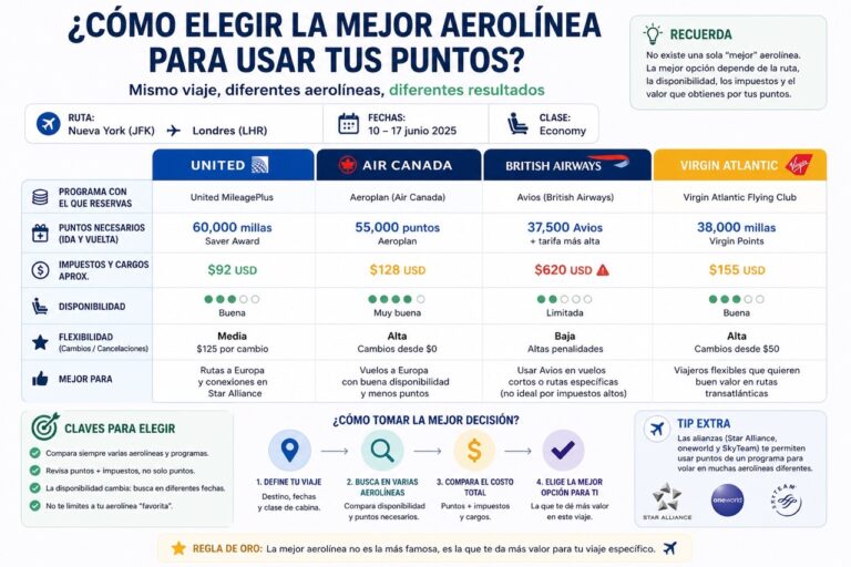ejemplo de cómo elegir la mejor aerolínea para usar tus puntos comparando precios en puntos e impuestos en la misma ruta