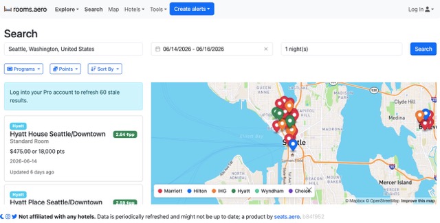 Búsqueda de hoteles con puntos en Rooms.aero mostrando resultados por programa como Hyatt, Marriott, Hilton e IHG