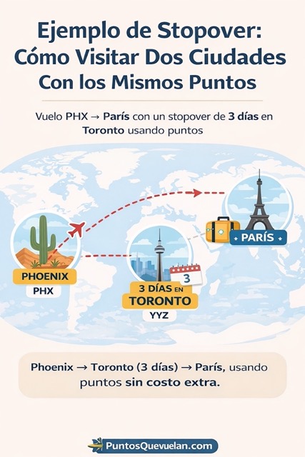 Ejemplo de stopovers y cómo usarlos con puntos de Phoenix a Toronto y París mostrando cómo visitar dos ciudades en un solo viaje