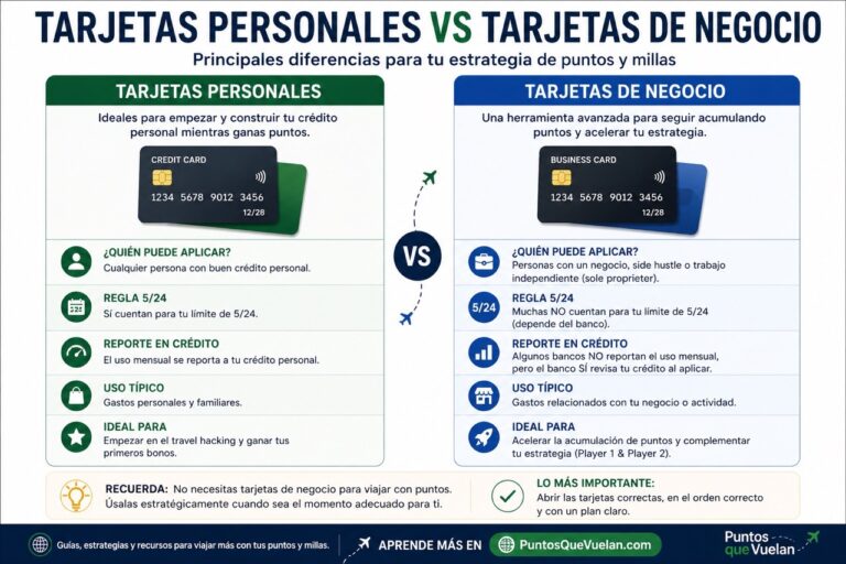 comparación entre tarjetas personales y tarjetas de negocio para travel hacking y estrategia de puntos