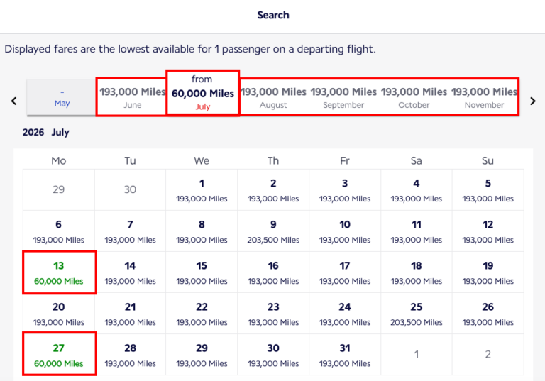 Calendario de Air France Flying Blue mostrando vuelos business class desde Nueva York a Ámsterdam con disponibilidad desde 60,000 millas. Los días con el menor precio aparecen resaltados en verde y se muestran diferentes meses para comparar disponibilidad.