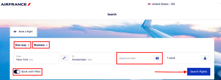 Pantalla de búsqueda de Air France Flying Blue mostrando una búsqueda de vuelo business class de Nueva York a Ámsterdam usando millas, con la opción "Book with Miles" activada y la fecha en blanco para ver el calendario completo de disponibilidad.