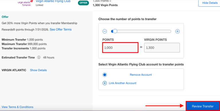 Quinto paso para transferir puntos AMEX: ingresar la cantidad de puntos a transferir.