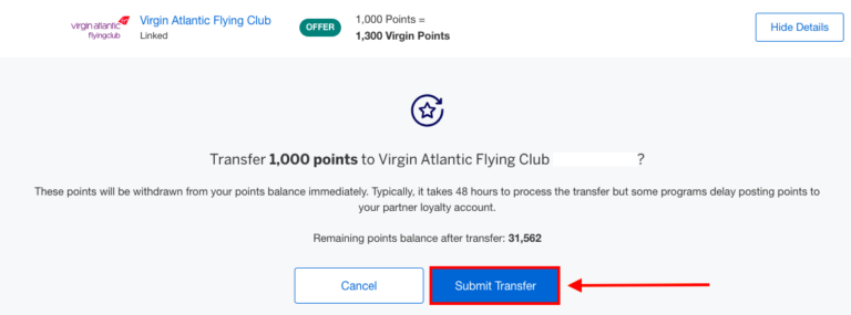 Último paso para transferir puntos AMEX: revisar y confirmar la transferencia