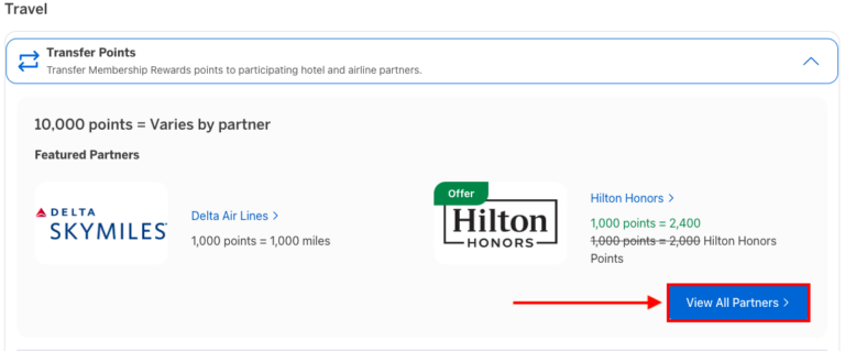 Tercer paso para transferir puntos AMEX: ver todos los socios de transferencia.