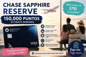 Tarjeta Chase Sapphire Reserve con bono de 150,000 puntos Ultimate Rewards explicando beneficios, créditos de viaje y estrategia para viajar con puntos.