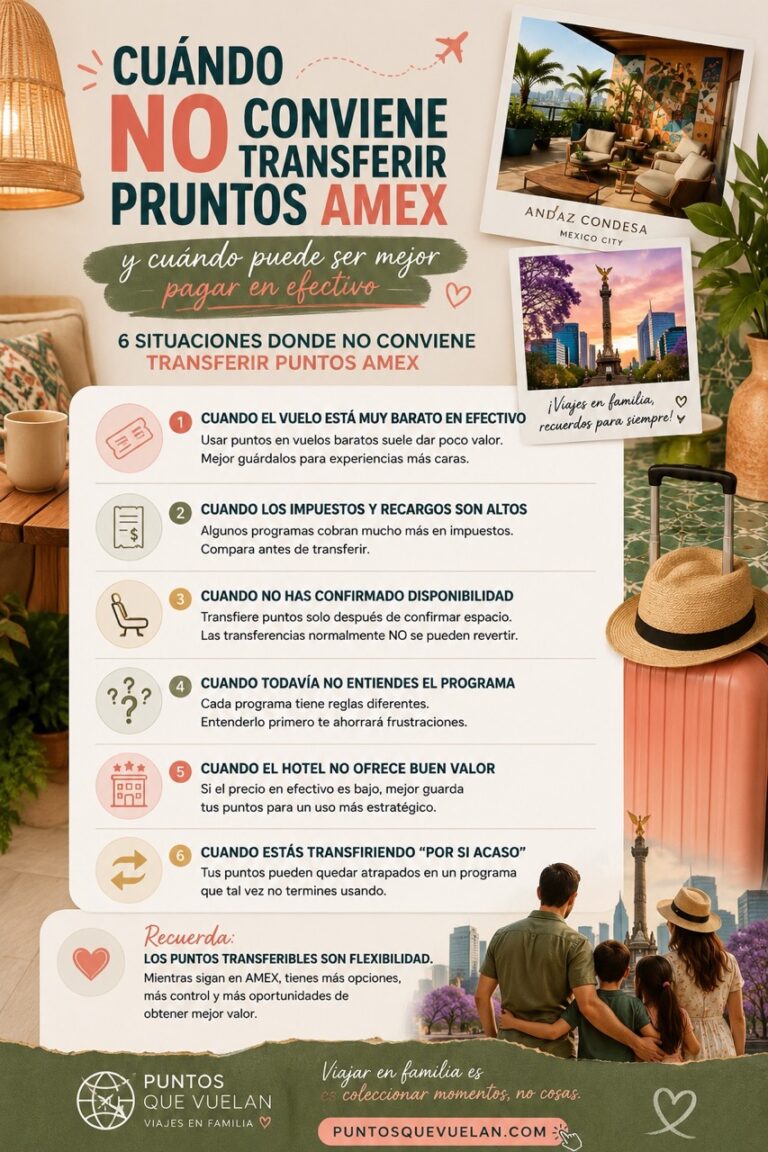 Infografía sobre cuándo no conviene transferir puntos AMEX, incluyendo vuelos baratos en efectivo, impuestos altos, falta de disponibilidad y errores comunes al usar puntos Membership Rewards.
