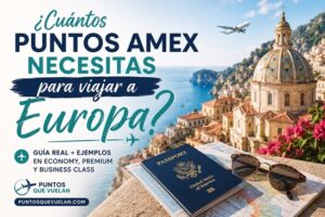 Imagen sobre cuántos puntos AMEX necesitas para viajar a Europa mostrando pasaporte, mapa y paisaje europeo con ejemplos reales usando Membership Rewards para economy y business class.