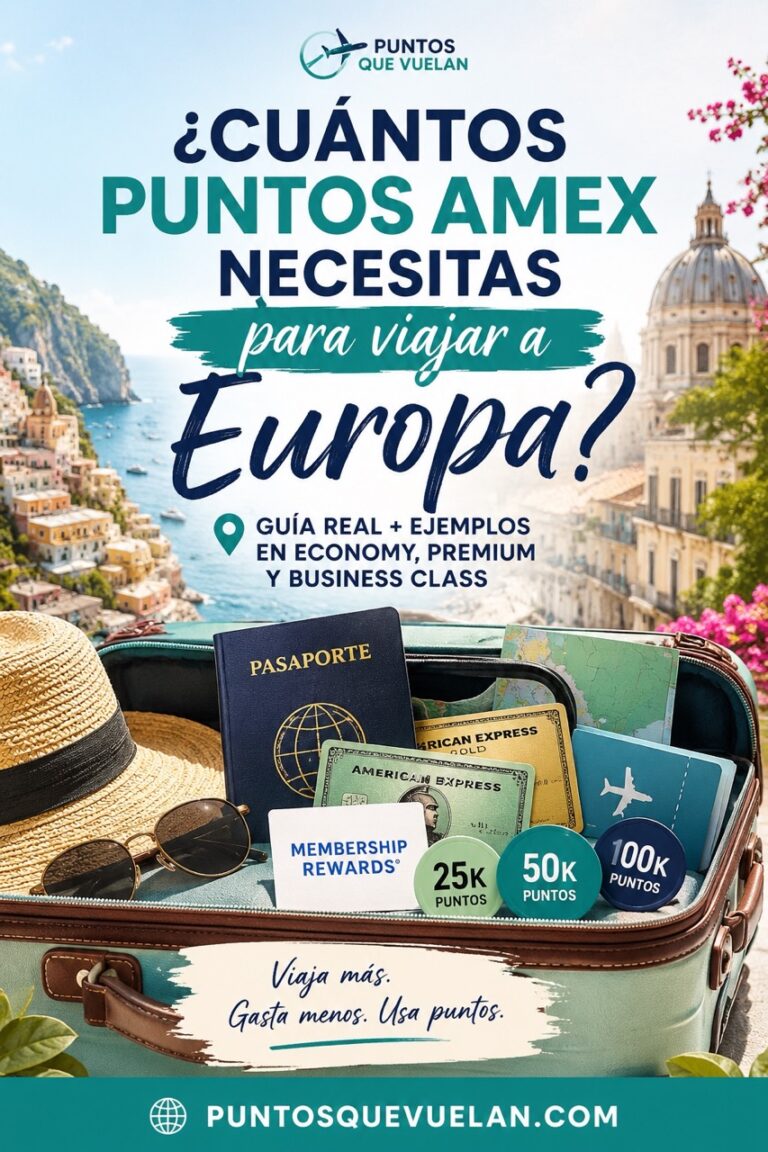 Pinterest pin sobre cuántos puntos AMEX necesitas para viajar a Europa, incluyendo ejemplos reales en economy, premium economy y business class usando Membership Rewards
