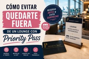 Imagen sobre cómo evitar quedarte fuera de un lounge con Priority Pass, incluyendo consejos para reservar lounges, revisar disponibilidad y evitar problemas de capacidad en aeropuertos.