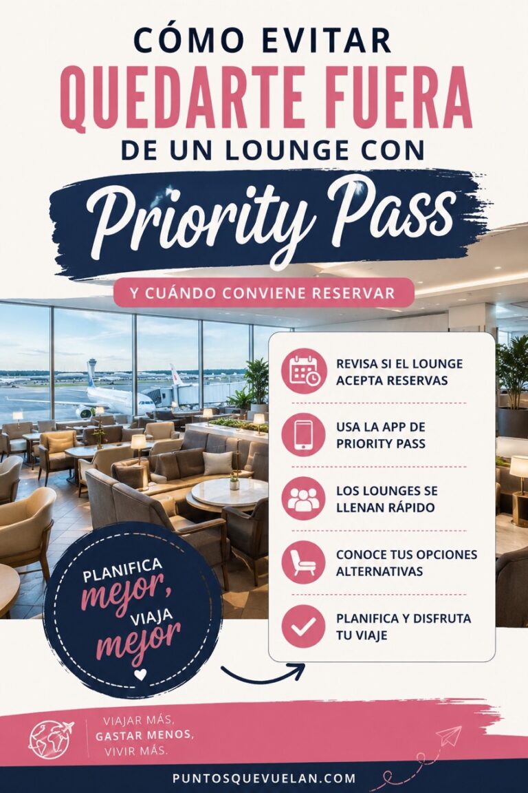 Infografía sobre cómo evitar quedarte fuera de un lounge con Priority Pass, incluyendo cómo reservar lounges, revisar disponibilidad y usar la app para evitar lounges llenos.