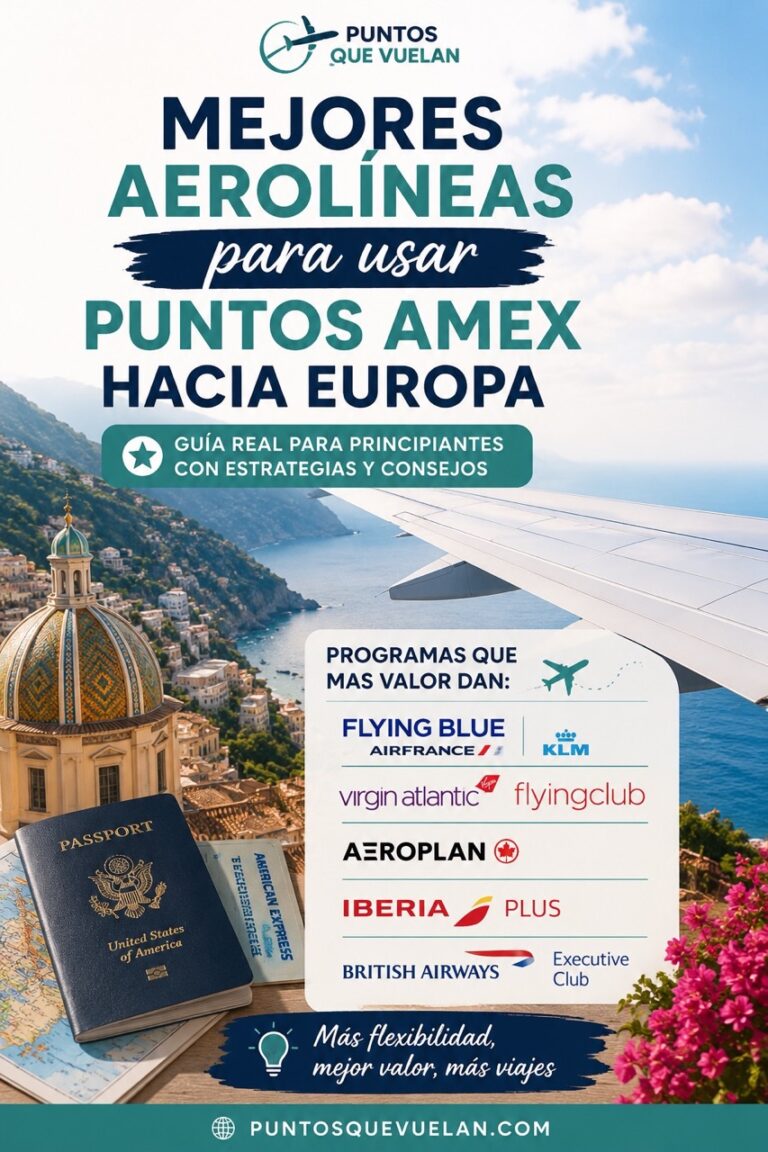 Pinterest pin sobre las mejores aerolíneas para usar puntos AMEX hacia Europa, incluyendo Flying Blue, Virgin Atlantic, Aeroplan e Iberia Avios para vuelos con puntos y millas.