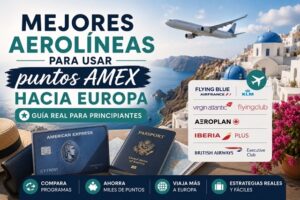 Imagen sobre las mejores aerolíneas para usar puntos AMEX hacia Europa mostrando programas como Flying Blue, Virgin Atlantic, Aeroplan, Iberia Avios y British Airways Executive Club junto a una tarjeta American Express y paisaje europeo.