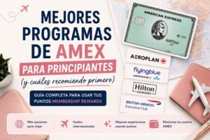 Imagen sobre los mejores programas AMEX para principiantes, incluyendo Aeroplan, Flying Blue, Hilton Honors y British Airways Avios para usar puntos Membership Rewards en vuelos y hoteles.