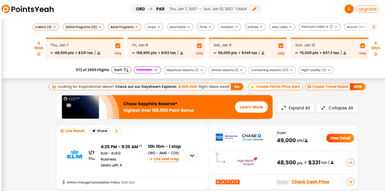 Resultado de búsqueda en PointsYeah mostrando vuelo business class de Chicago (ORD) a París usando puntos transferibles y reservando con Virgin Atlantic Flying Club.