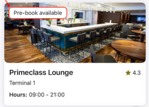 Captura de pantalla de la app de Priority Pass mostrando un lounge con la opción “Pre-book available” para reservar acceso antes de llegar al aeropuerto.