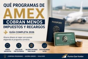 Imagen sobre qué programas de AMEX cobran menos impuestos y recargos al viajar con puntos, mostrando una tarjeta American Express, pasaporte y consejos para ahorrar dinero en vuelos premio.