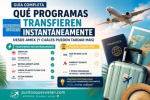Imagen informativa sobre qué programas transfieren instantáneamente desde AMEX y cuáles pueden tardar más, incluyendo Aeroplan, Flying Blue, British Airways Avios, Virgin Atlantic, Hilton Honors, ANA Mileage Club y Marriott Bonvoy.