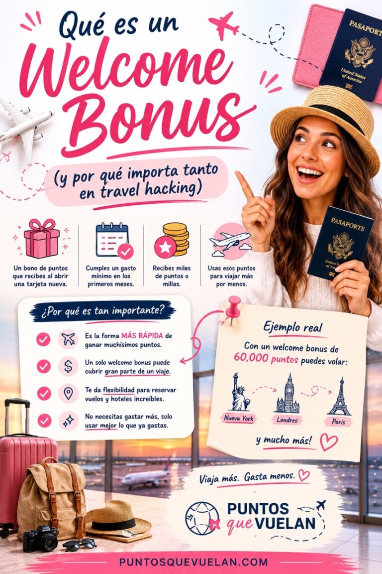 Infografía explicando qué es un welcome bonus, cómo funcionan los bonos de bienvenida de tarjetas de crédito y por qué son importantes para ganar puntos y viajar usando travel hacking.