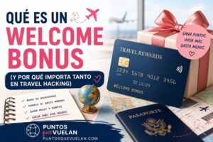 Imagen sobre qué es un welcome bonus en travel hacking, mostrando una tarjeta de recompensas, puntos de bienvenida y cómo ganar puntos y millas para viajar más gastando menos.