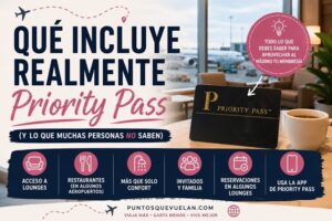 Imagen sobre qué incluye realmente Priority Pass, incluyendo acceso a lounges, restaurantes, invitados, reservaciones y beneficios que muchas personas no conocen sobre esta membresía de salas VIP.