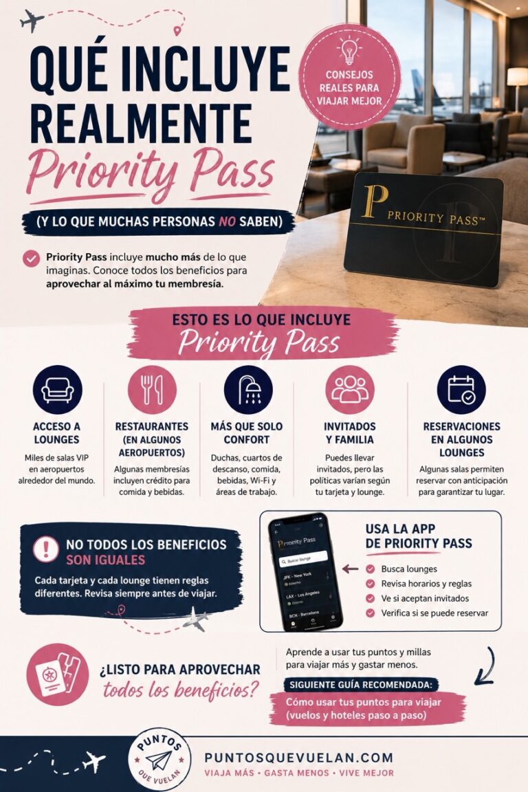 Infografía sobre qué incluye realmente Priority Pass, incluyendo acceso a lounges, restaurantes, invitados, reservaciones y beneficios que muchas personas no conocen.