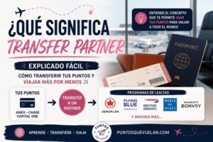 Imagen explicando qué significa transfer partner, cómo transferir puntos a programas de lealtad y cómo usar puntos AMEX, Chase y Capital One para viajar más por menos.