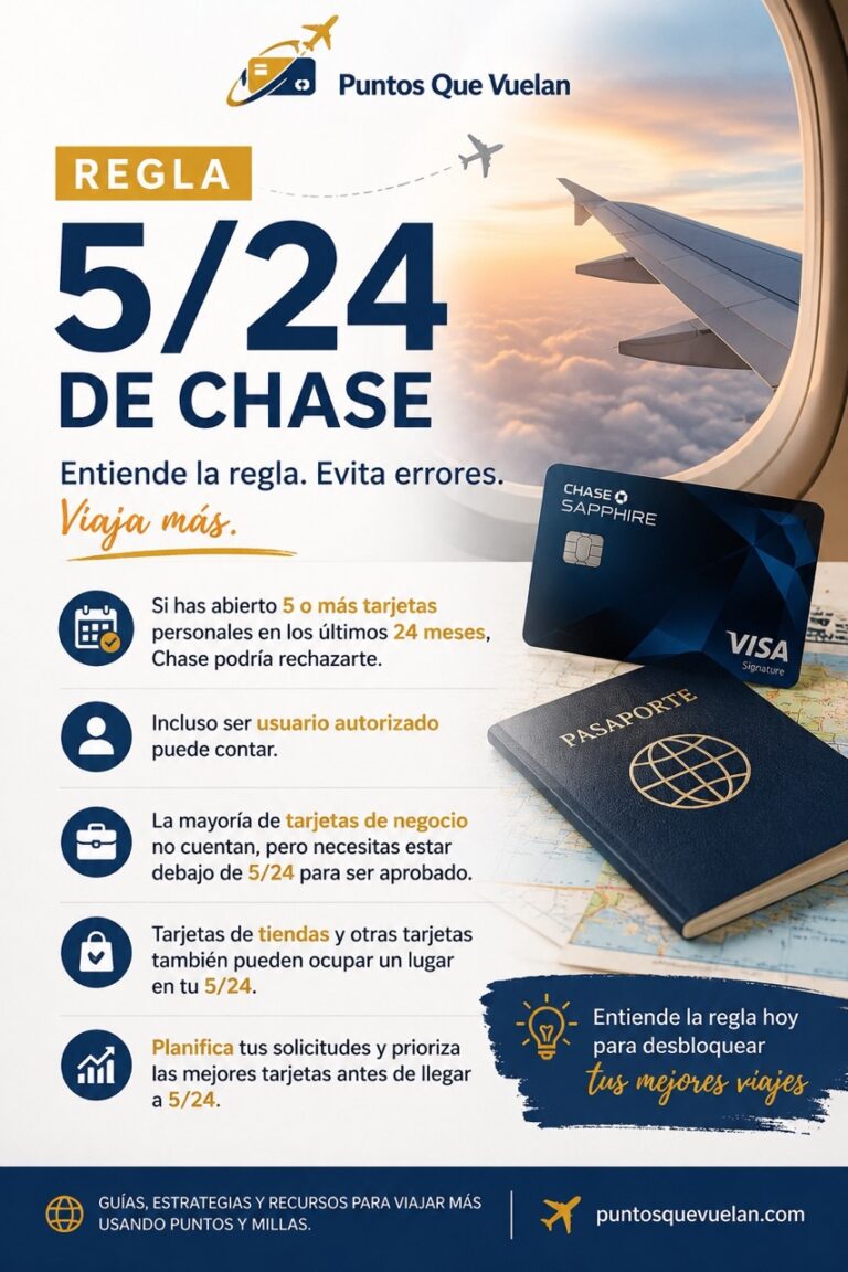 Infografía sobre la regla 5/24 de Chase explicando qué tarjetas cuentan, cómo afectan los usuarios autorizados y por qué es importante planificar las solicitudes de tarjetas de crédito para ganar puntos y millas.