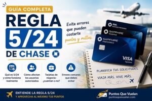 Imagen destacada sobre la regla 5/24 de Chase con tarjetas de crédito de viaje, un avión de fondo y consejos para evitar errores al solicitar tarjetas y acumular puntos y millas.