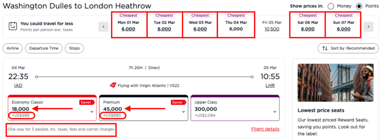 Resultados de Virgin Atlantic mostrando vuelos desde IAD a LON en Economy y Premium