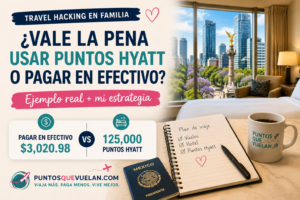 ¿Vale la pena usar puntos Hyatt o pagar en efectivo? Imagen destacada que compara una estancia de hotel de $3,020.98 frente a 125,000 puntos Hyatt y muestra una estrategia real de travel hacking para ahorrar en un viaje familiar a Ciudad de México.