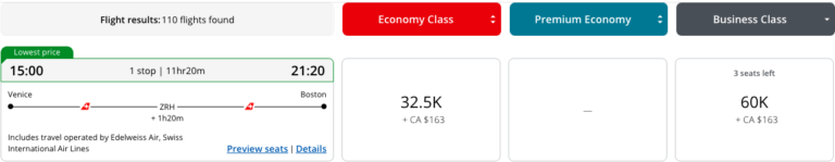 Vuelo de Venecia a Boston en Business Class por 60,000 puntos Aeroplan por persona con 3 asientos disponibles